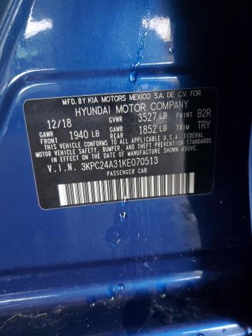 3KPC24A31KE070513 - 2019 HYUNDAI ACCENT SE BLUE photo 12