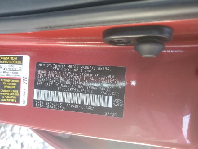 4T1BE46K99U386140 - 2009 TOYOTA CAMRY BASE RED photo 12