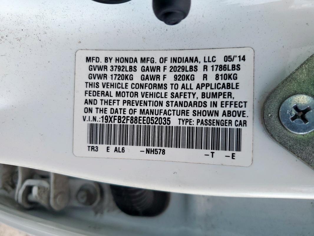 19XFB2F88EE052035 - 2014 HONDA CIVIC EX Սպիտակ լուսանկար 13