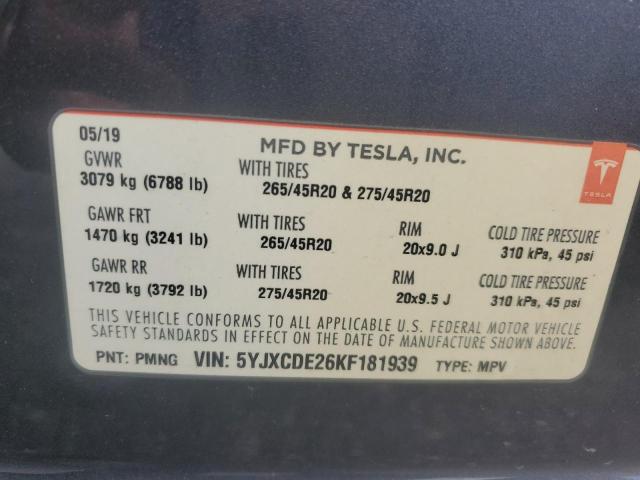5YJXCDE26KF181939 - 2019 TESLA MODEL X Boz foto 14