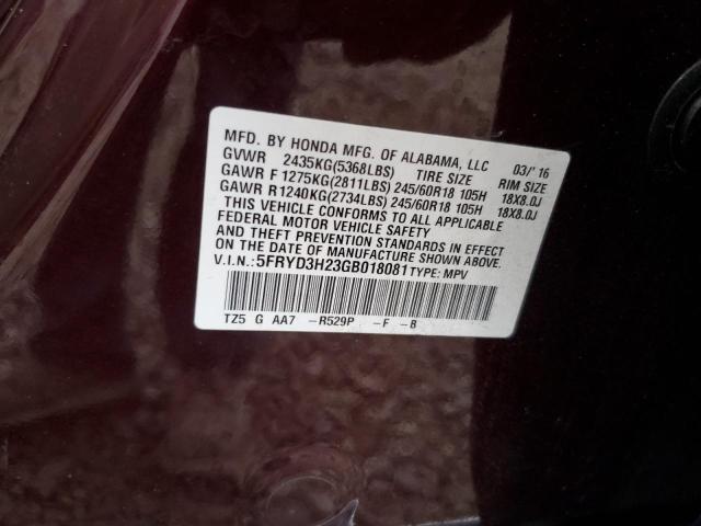 5FRYD3H23GB018081 - 2016 ACURA MDX ბურგუნდია ფოტო 13