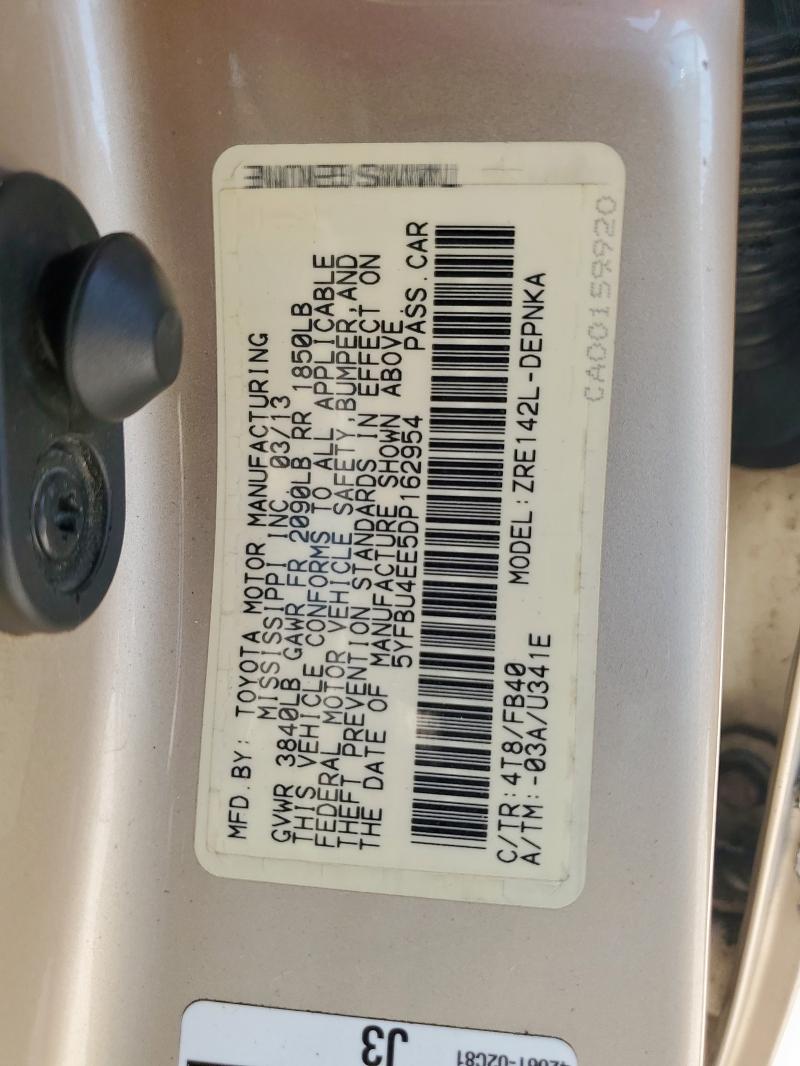 5YFBU4EE5DP162954 - 2013 TOYOTA COROLLA BASE Beige photo 13