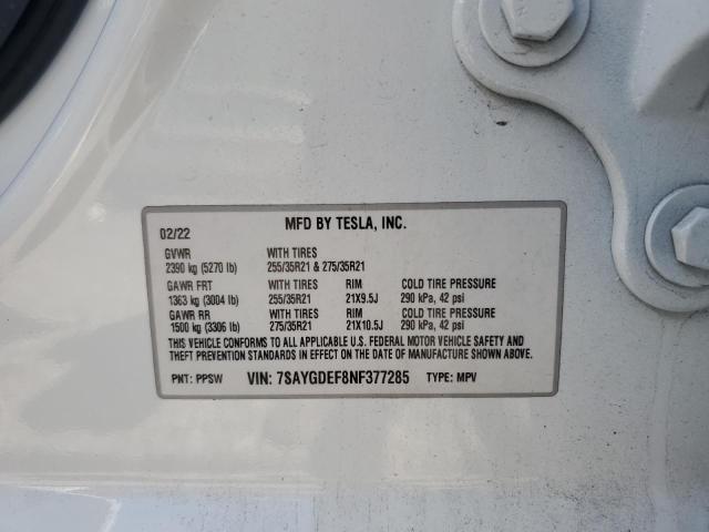 7SAYGDEF8NF377285 - 2022 TESLA MODEL Y თეთრი ფოტო 12