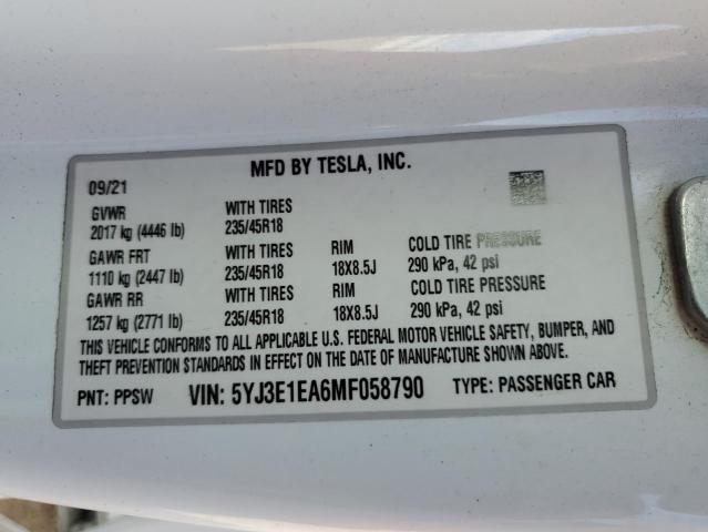 5YJ3E1EA6MF058790 - 2021 TESLA MODEL 3 WHITE photo 12