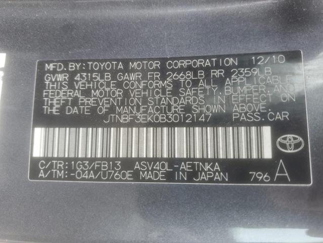 JTNBF3EK0B3012147 - 2011 TOYOTA CAMRY BASE ნაცრისფერი ფოტო 12