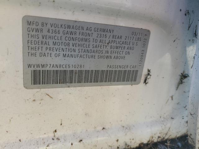 WVWMP7AN8CE510281 - 2012 VOLKSWAGEN CC SPORT WHITE photo 12