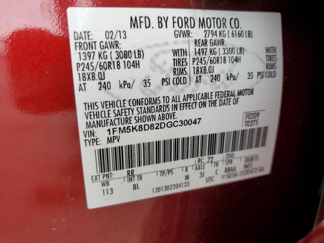 1FM5K8D82DGC30047 - 2013 FORD EXPLORER XLT ბურგუნდია ფოტო 12