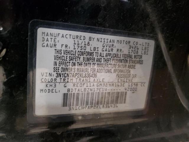 3N1CN7AP2KL836436 - 2019 NISSAN VERSA S BLACK photo 12