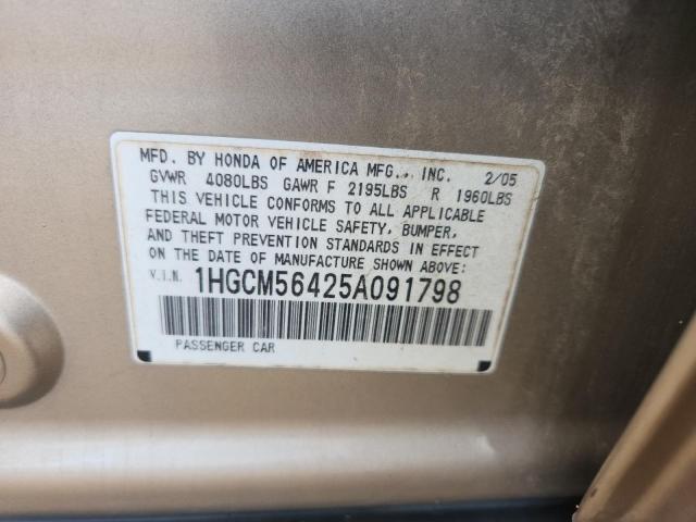 1HGCM56425A091798 - 2005 HONDA ACCORD LX 金色 照片 12