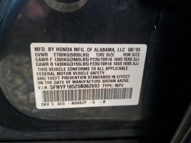 5FNYF18525B062693 - 2005 HONDA PILOT EXL BLUE photo 12