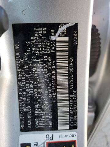 4T4BF1FK1CR266874 - 2012 TOYOTA CAMRY BASE SILVER photo 12