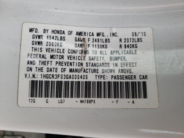 1HGCR3F03GA005405 - 2016 HONDA ACCORD EXL WHITE photo 13