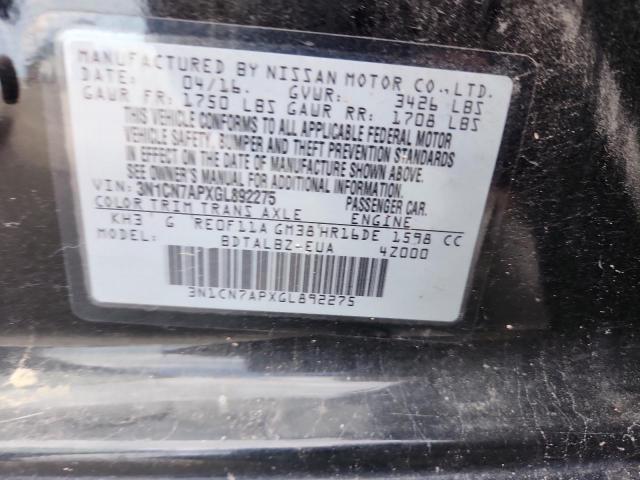 3N1CN7APXGL892275 - 2016 NISSAN VERSA S BLACK photo 12