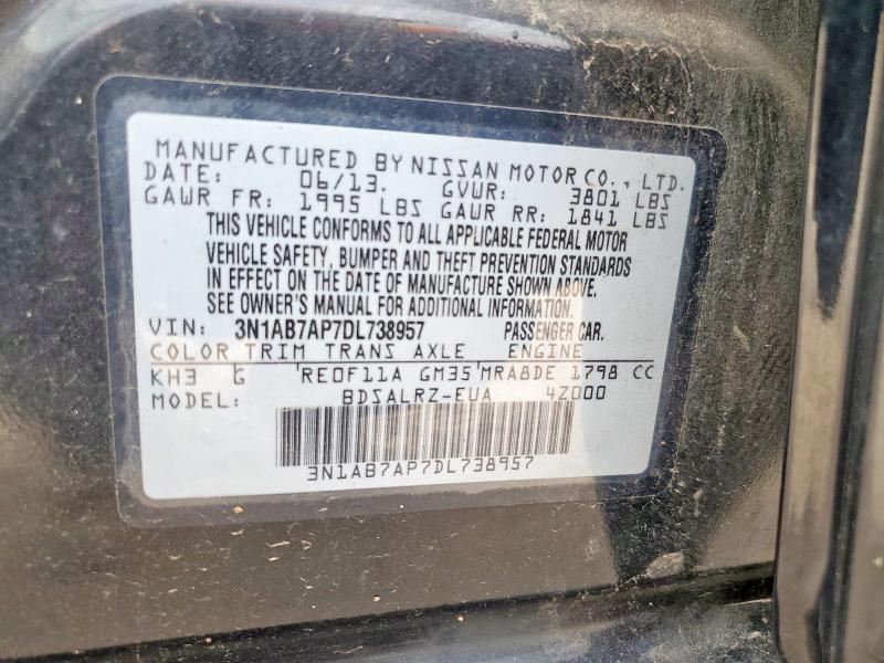 3N1AB7AP7DL738957 - 2013 NISSAN SENTRA S BLACK photo 12