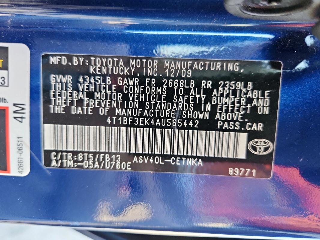 4T1BF3EK4AU565442 - 2010 TOYOTA CAMRY BASE BLUE photo 12