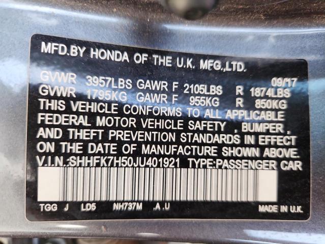 SHHFK7H50JU401921 - 2018 HONDA CIVIC EX ნაცრისფერი ფოტო 13