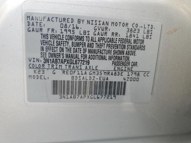 3N1AB7APXGL677219 - 2016 NISSAN SENTRA S 银色 照片 12