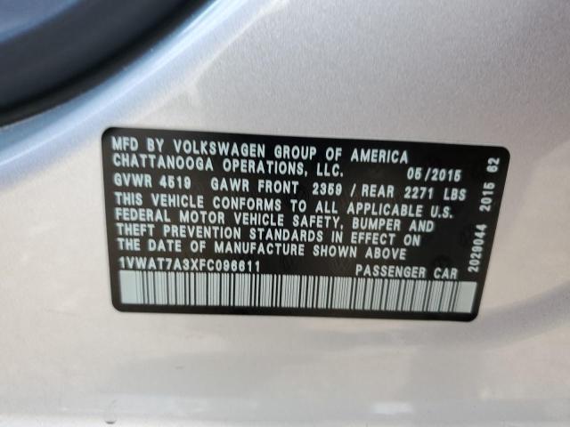 1VWAT7A3XFC096611 - 2015 VOLKSWAGEN PASSAT S Արծաթագույն լուսանկար 12
