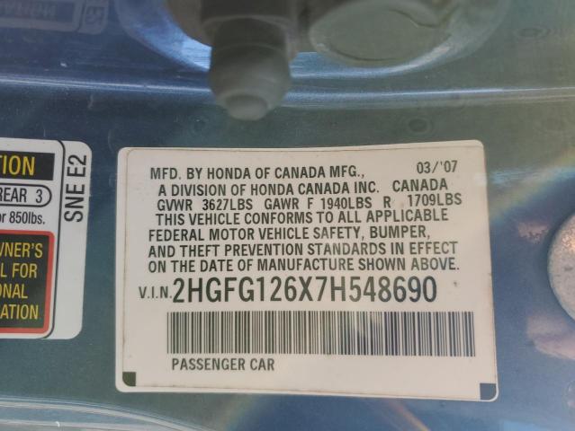 2HGFG126X7H548690 - 2007 HONDA CIVIC LX BLUE photo 12