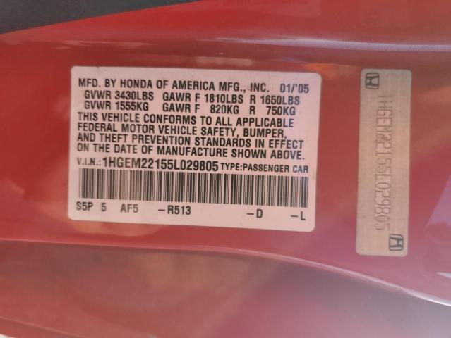 1HGEM22155L029805 - 2005 HONDA CIVIC DX VP Rouge photo 12