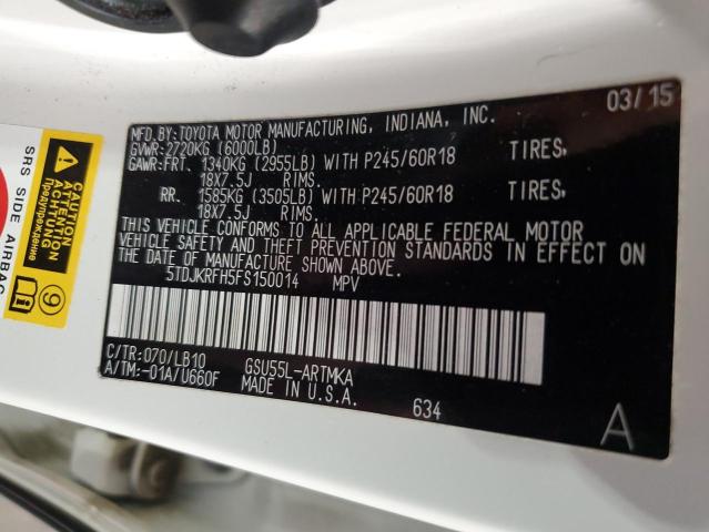 5TDJKRFH5FS150014 - 2015 TOYOTA HIGHLANDER XLE 白色 照片 13