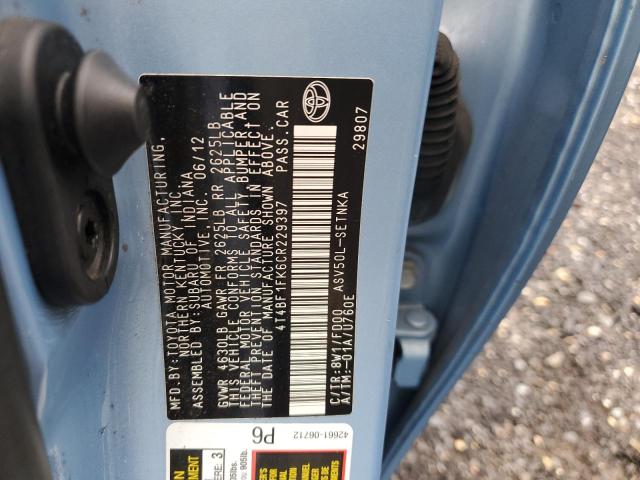 4T4BF1FK6CR229397 - 2012 TOYOTA CAMRY BASE BLUE photo 12