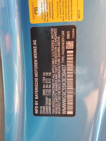 WMWWG9C55K3E39407 - 2019 MINI COOPER S BLUE photo 12