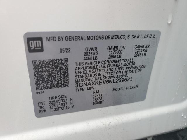 3GNAXKEV6NL239621 - 2022 CHEVROLET EQUINOX LT WHITE photo 12