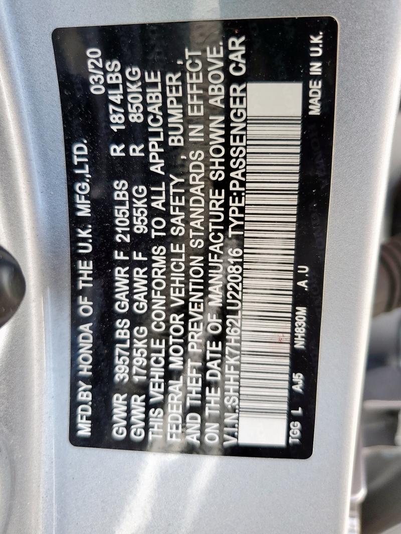 SHHFK7H62LU220816 - 2020 HONDA CIVIC EX SILVER photo 12
