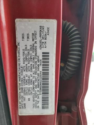 5TEGN92N42Z120044 - 2002 TOYOTA TACOMA DOUBLE CAB PRERUNNER BURGUNDY photo 12