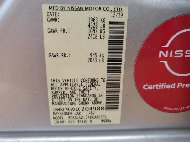 1N4BL4CVXLC204988 - 2020 NISSAN ALTIMA SR 银色 照片 12