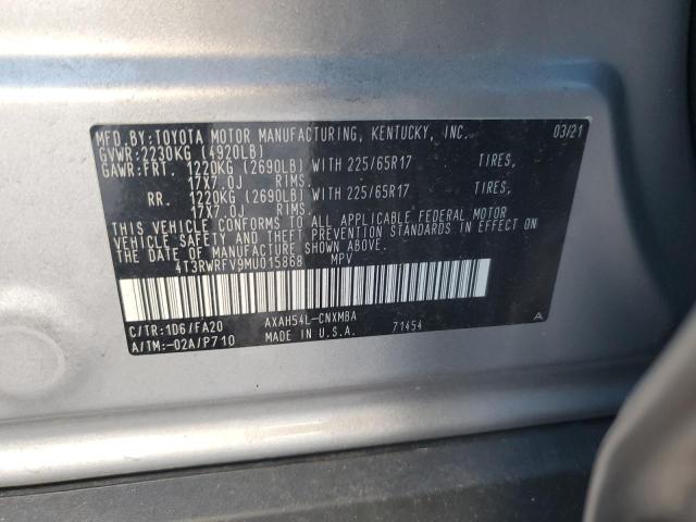 4T3RWRFV9MU015868 - 2021 TOYOTA RAV4 XLE SILVER photo 12