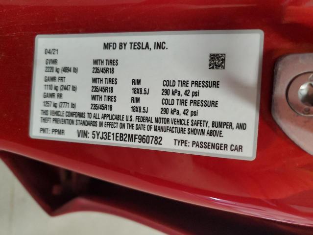 5YJ3E1EB2MF960782 - 2021 TESLA MODEL 3 RED photo 13