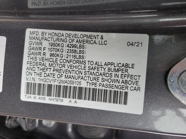 1HGCV1F12MA059105 - 2021 HONDA ACCORD LX GRAY photo 12