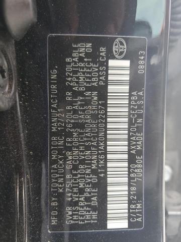 4T1K61AK0NU022671 - 2022 TOYOTA CAMRY XSE 黑色 照片 12