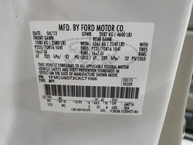 1FMCU9D73CKC71006 - 2012 FORD ESCAPE XLT WHITE photo 13