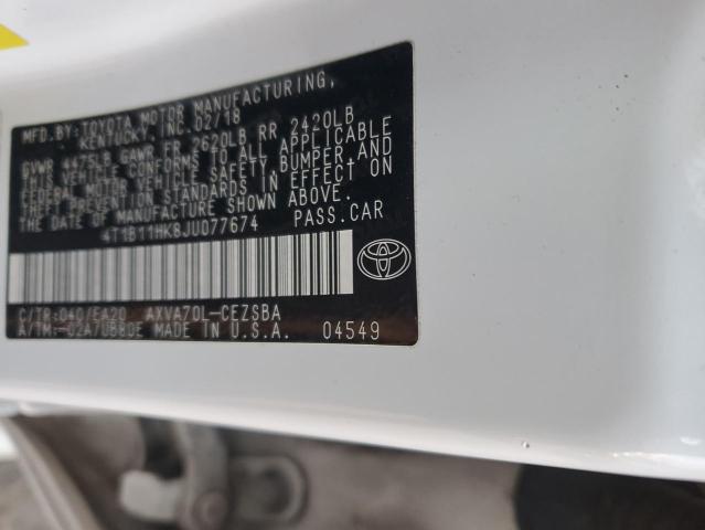 4T1B11HK8JU077674 - 2018 TOYOTA CAMRY L WHITE photo 12