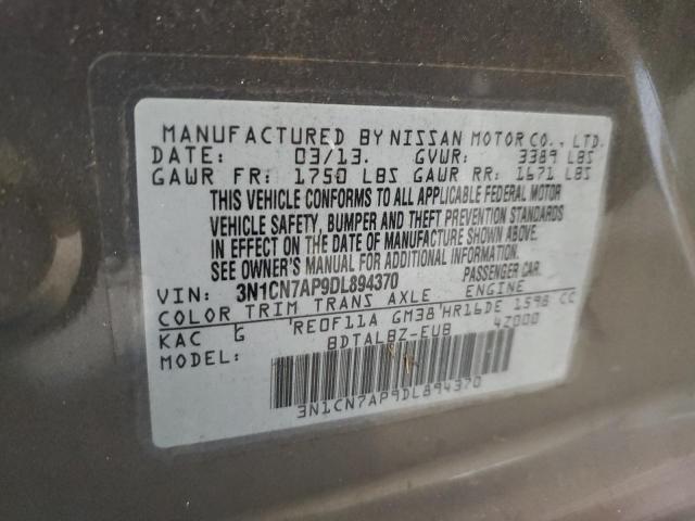 3N1CN7AP9DL894370 - 2013 NISSAN VERSA S GRAY photo 12