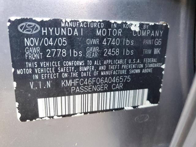 KMHFC46F06A046575 - 2006 HYUNDAI AZERA SE GRAY photo 12