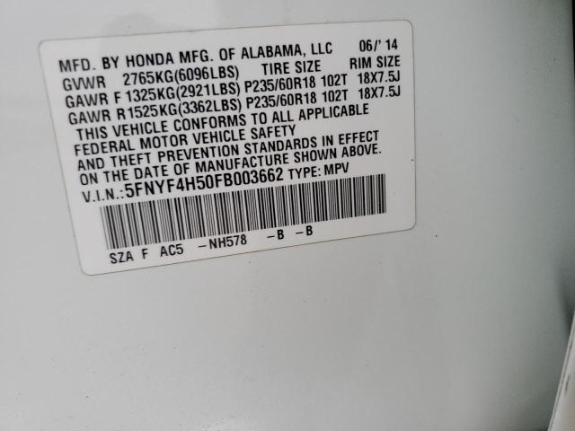 5FNYF4H50FB003662 - 2015 HONDA PILOT EXL WHITE photo 13