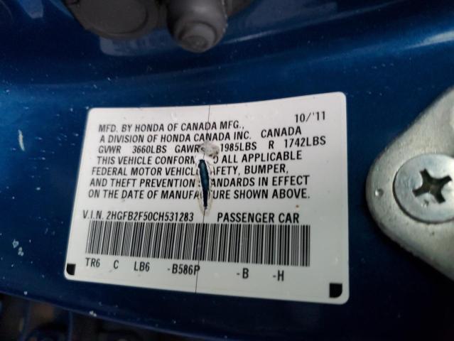 2HGFB2F50CH531283 - 2012 HONDA CIVIC LX BLUE photo 12