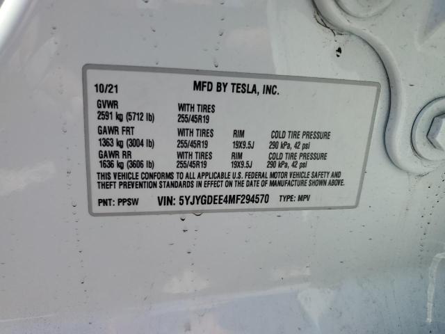 5YJYGDEE4MF294570 - 2021 TESLA MODEL Y Blanco foto 12