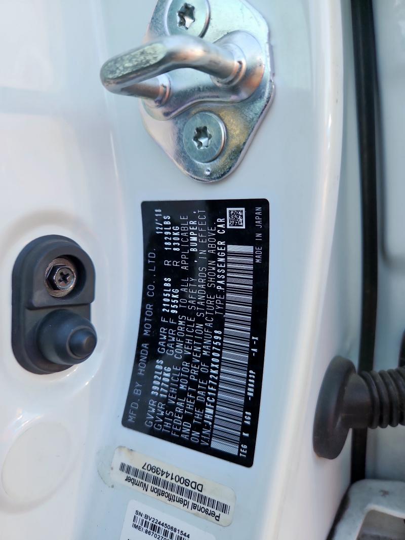 JHMFC1F72KX007598 - 2019 HONDA CIVIC EXL WHITE photo 12