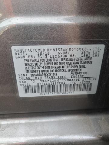 3N1AB7AP3KY281449 - 2019 NISSAN SENTRA S GRAY photo 12