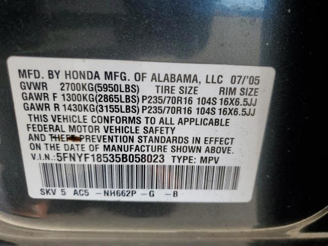 5FNYF18535B058023 - 2005 HONDA PILOT EXL Сұр фото 14