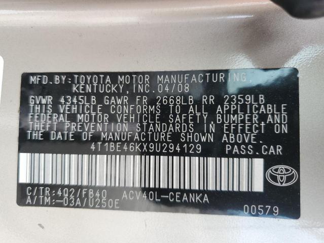 4T1BE46KX9U294129 - 2009 TOYOTA CAMRY BASE Bej foto 12