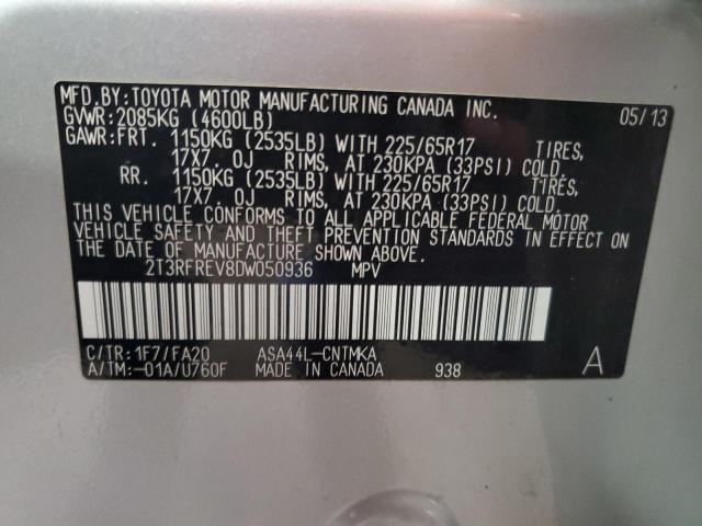 2T3RFREV8DW050936 - 2013 TOYOTA RAV4 XLE SILVER photo 13