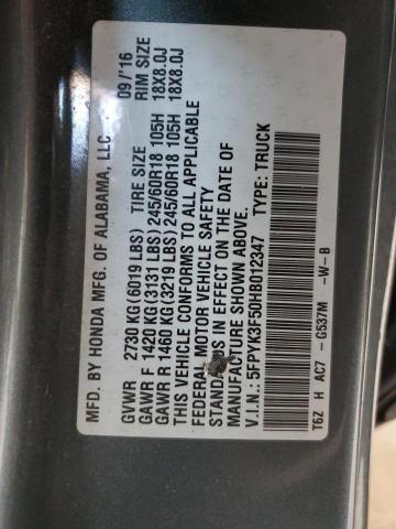 5FPYK3F50HB012347 - 2017 HONDA RIDGELINE RTL გრაფიტი ფოტო 12