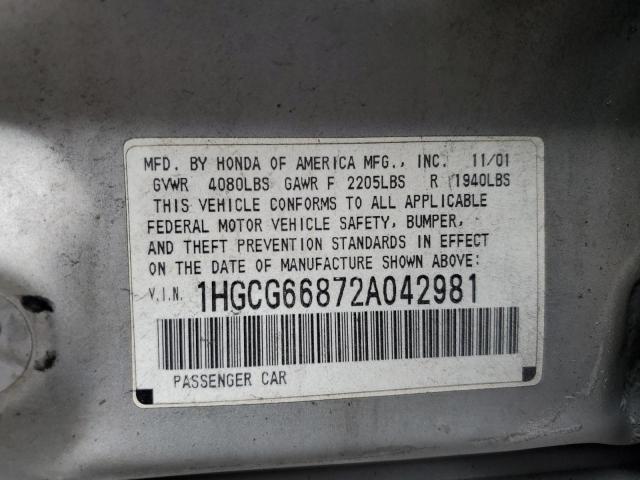 1HGCG66872A042981 - 2002 HONDA ACCORD EX SILVER photo 12