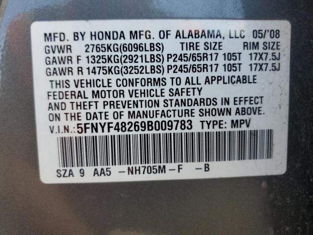 5FNYF48269B009783 - 2009 HONDA PILOT LX CHARCOAL photo 13